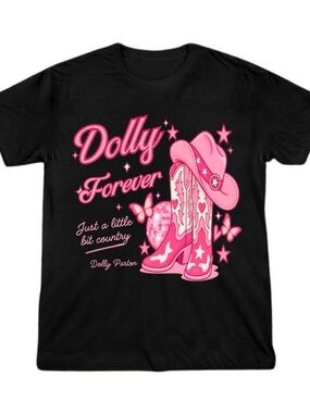 Dolly Parton Forever Black T-Shirt with Pink Cowboy Graphic